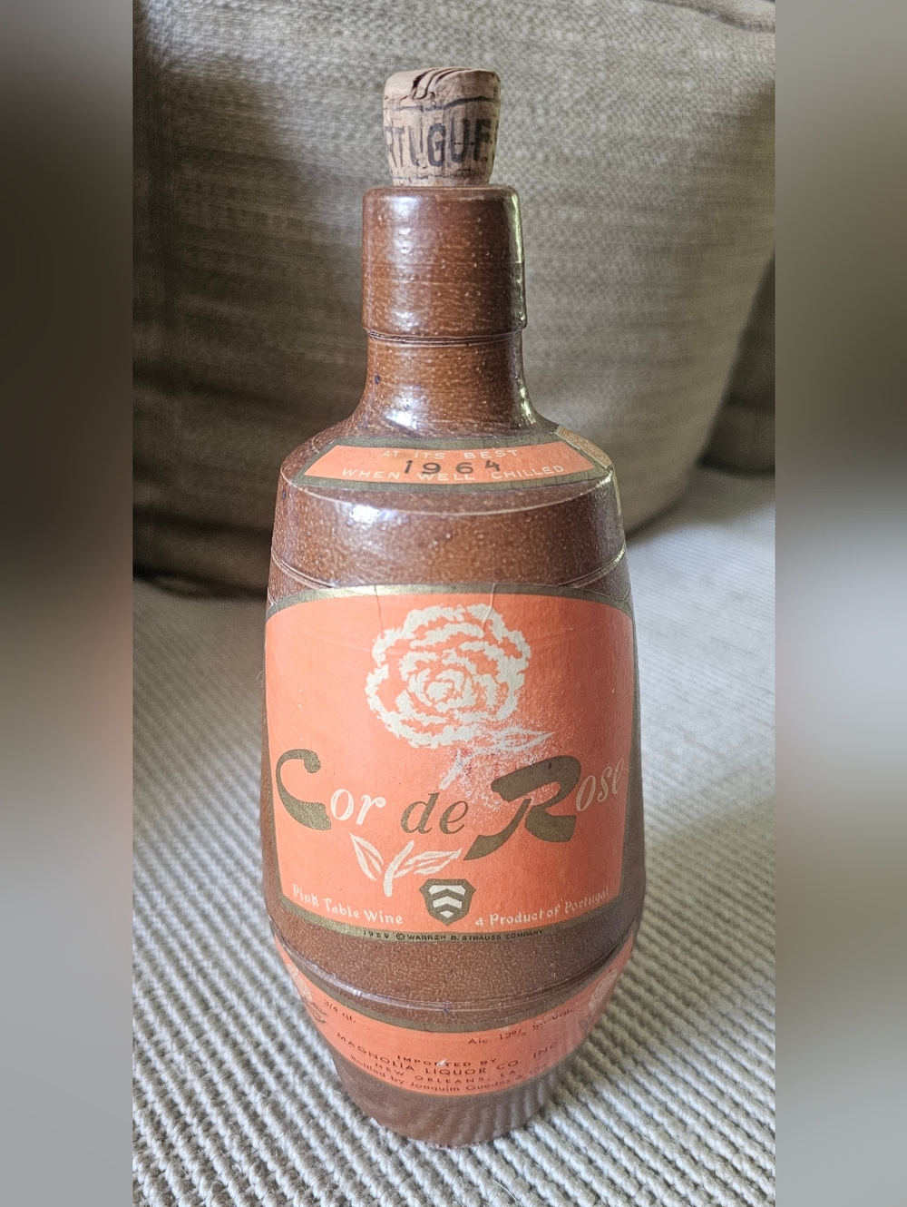 Vintage Stoneware/Clay Cor de Rosé Empty Wine Bottle w/ Label & Cork Portugal 64
